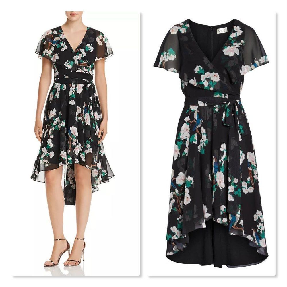 Eliza J Flutter Sleeve High/Low Faux Wrap Dress - [Size 4 In Black]